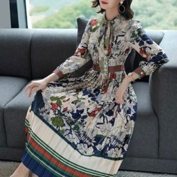 Dalia MacPhee floral green red multi pleated midi dress size M Gucci Vibes NWT - Picture 3 of 8